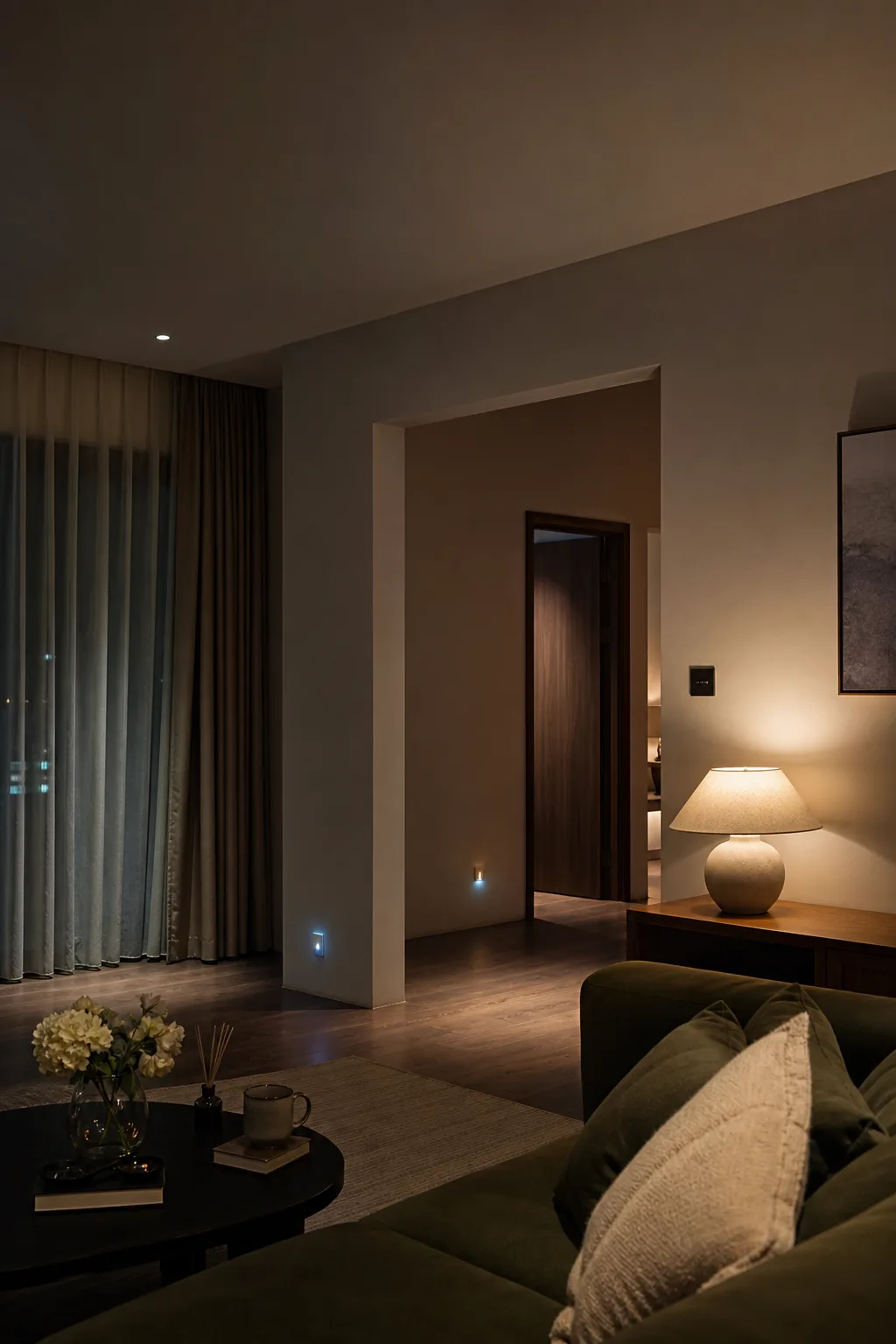 Không gian nhà ấm với ánh đèn buổi tối